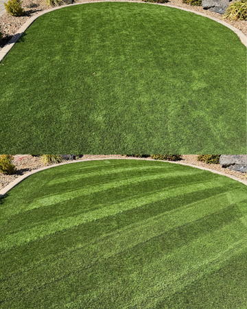 Before and after comparison of a yard deep cleaned and striped by Pure Desert Pool Co.