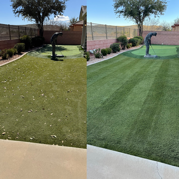 Side by side comparison of a turf backyard and putting green brought back to life by Pure Desert turf cleaning in St. George, Utah